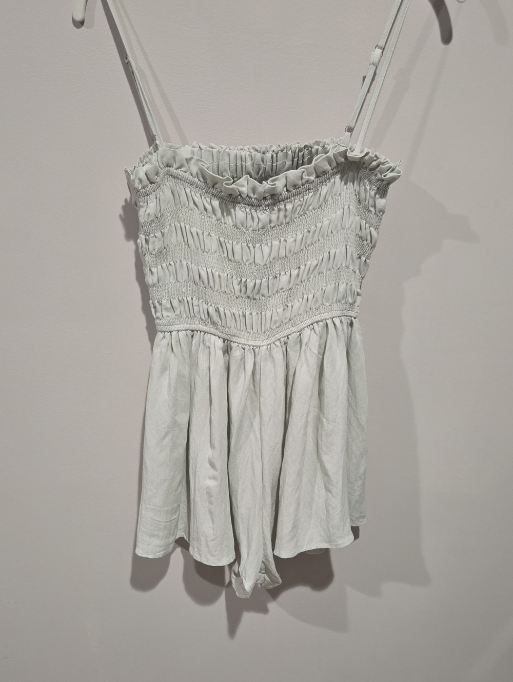 MABLE Smocked Spaghetti Strap Romper Seafoam Open Back Size S